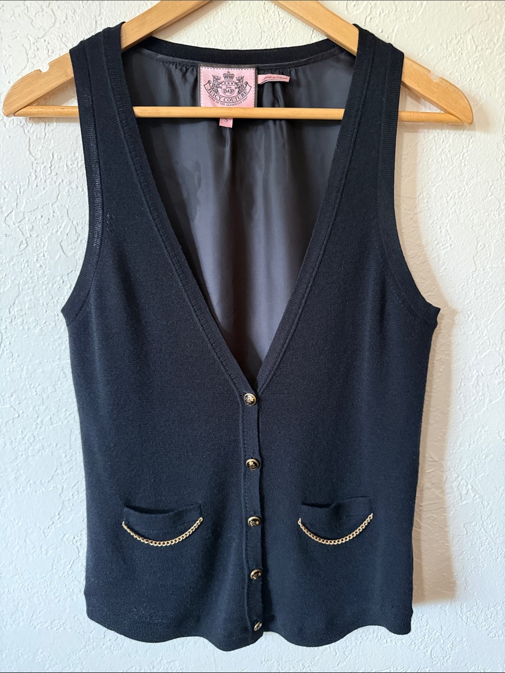 Juicy Couture Y2K Sweater Vest S Black Merino Wool Gold Chain Trim Old Money